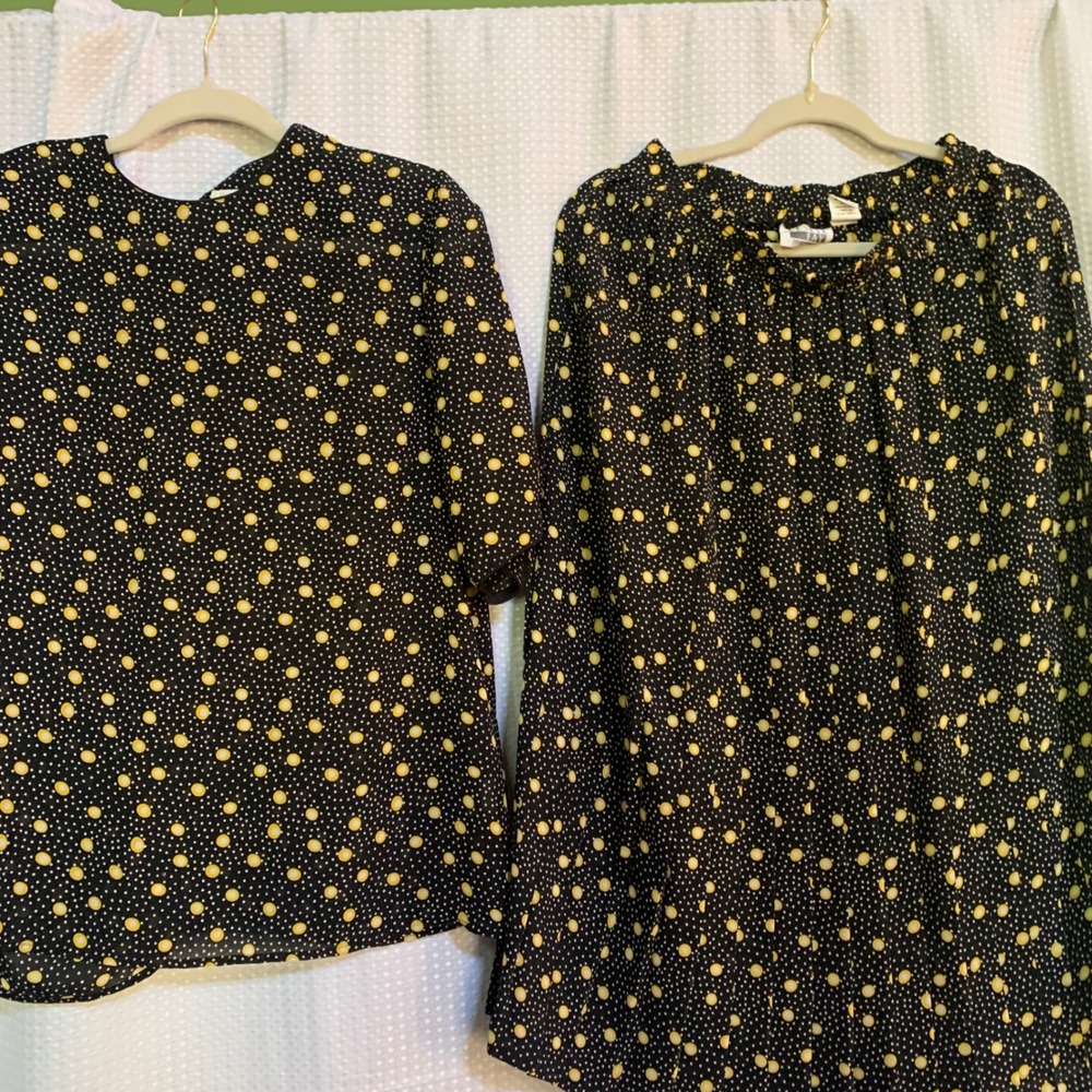 Lesley Fay Sportswear women 10-12 skirt set black yellow dots 1990s granny